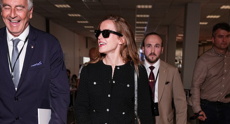 Emma Watson is seen at Nice Airport during the 78th Cannes Film Festival on May 20, 2025 in Nice, Fr...