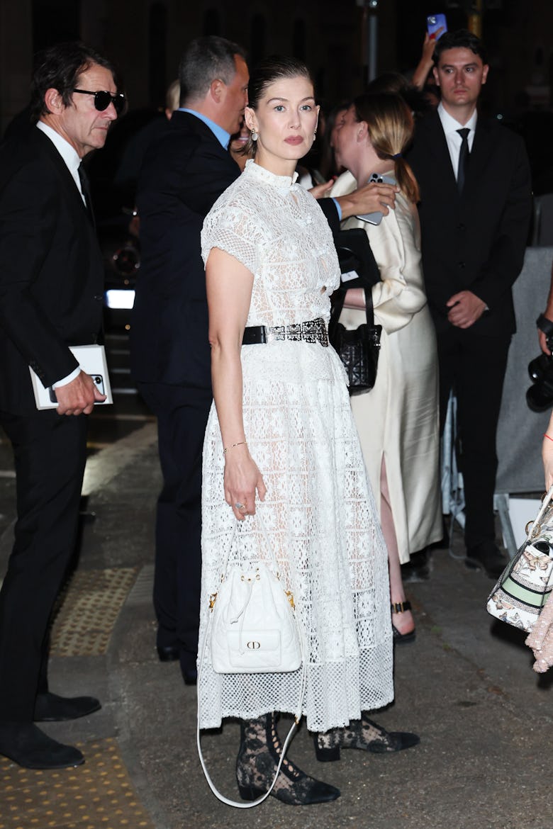 Rosamund Pike is seen at Dior Cruise 2025 at Villa Albani Torlonia on May 27, 2025 in Rome, Italy.