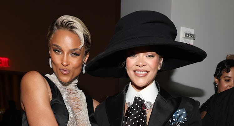 Ciara and Rihanna attend the 2025 Met Gala Celebrating "Superfine: Tailoring Black Style" at Metropo...