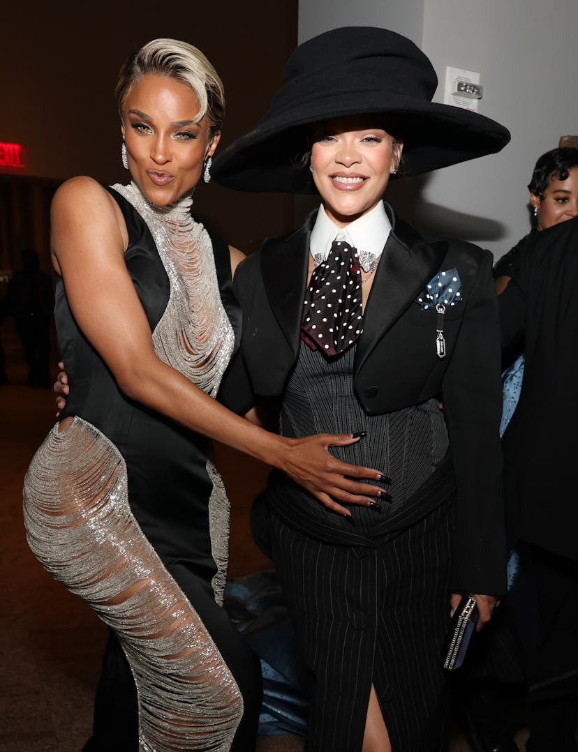 Ciara and Rihanna attend the 2025 Met Gala Celebrating "Superfine: Tailoring Black Style" at Metropo...
