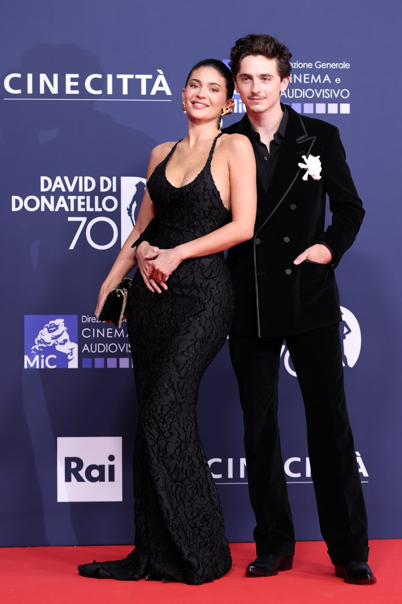 ROME, ITALY - MAY 07: Kylie Jenner and Timothée Chalamet attend the photocall during the 70th David ...