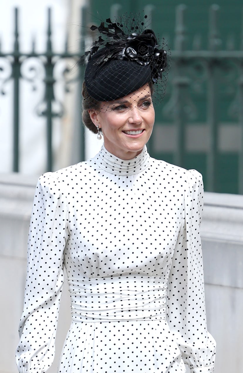 Catherine, Princess of Wales smiles as she departs the Thanksgiving Service to mark the 80th anniver...