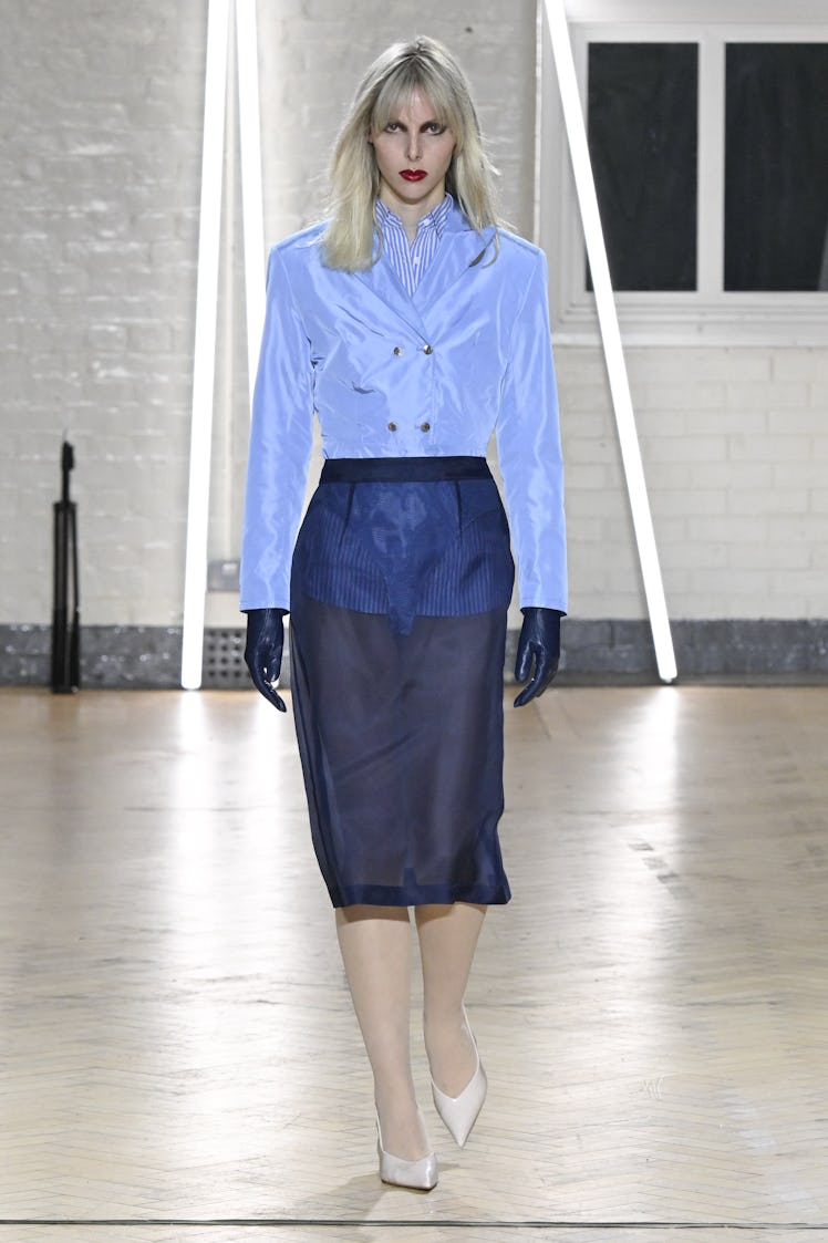 LONDON, ENGLAND - FEBRUARY 21: A model walks the runway during the Mark Fast Ready to Wear Fall/Wint...