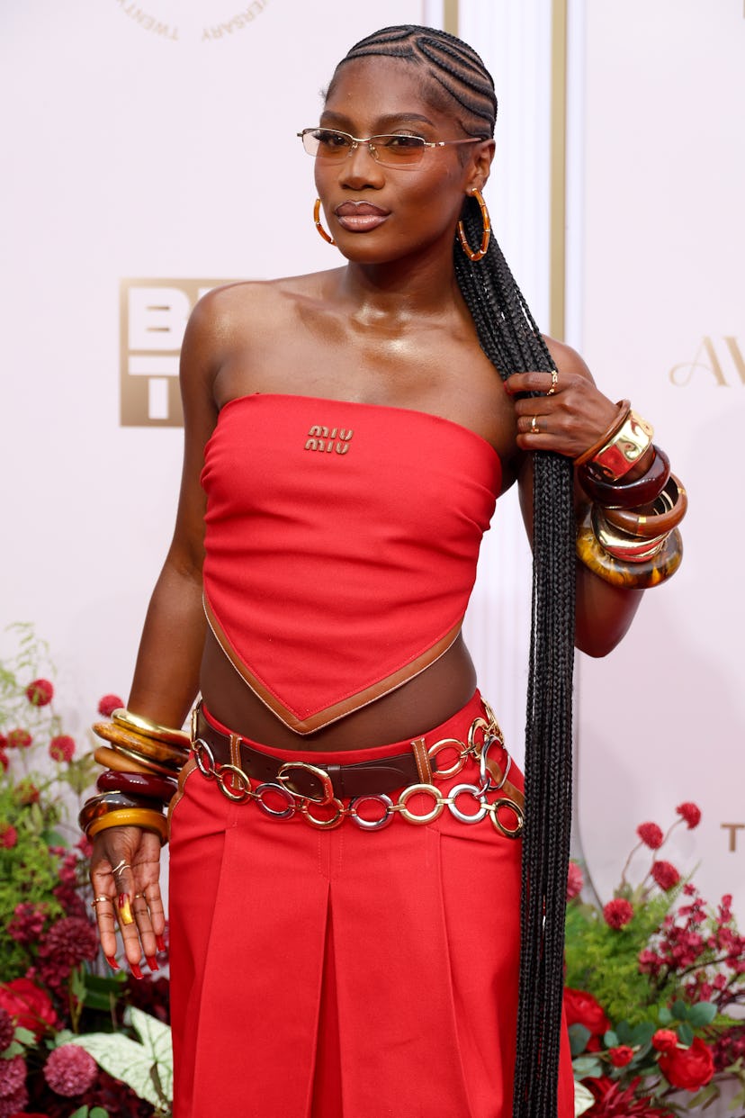 Doechii arrives at the 2025 BET Awards at Peacock Theater on June 09, 2025 in Los Angeles, Californi...
