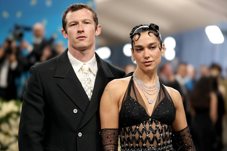 Callum Turner and Dua Lipa attend the 2025 Met Gala Celebrating "Superfine: Tailoring Black Style" a...