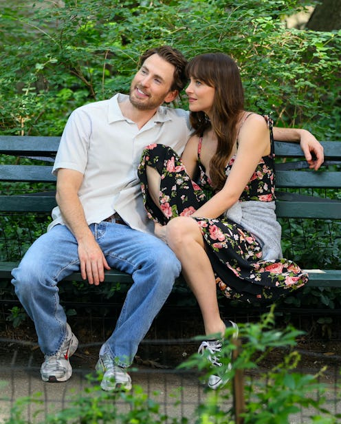 Chris Evans and Dakota Johnson are seen on the movie set of "Materialists"
