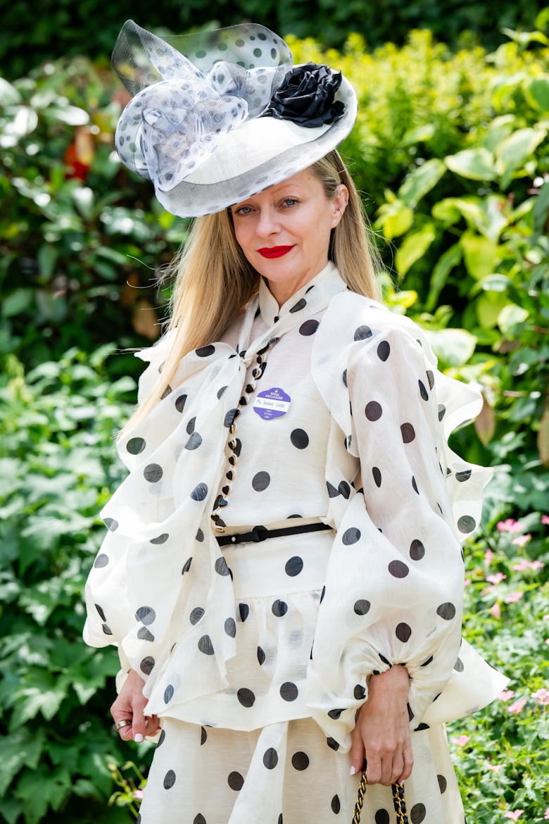 Sandra Cooke (wearing a Cara Meehan hat and Zimmerman dress) attends the 1st day of Royal Ascot on J...