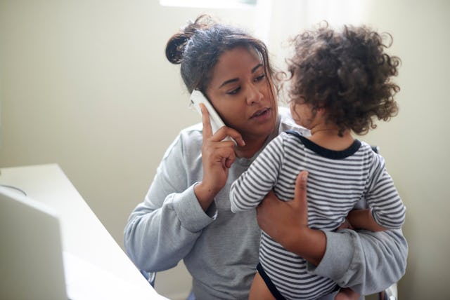 Work from home mother with baby and phone call for child care, virtual assistant job, administration...
