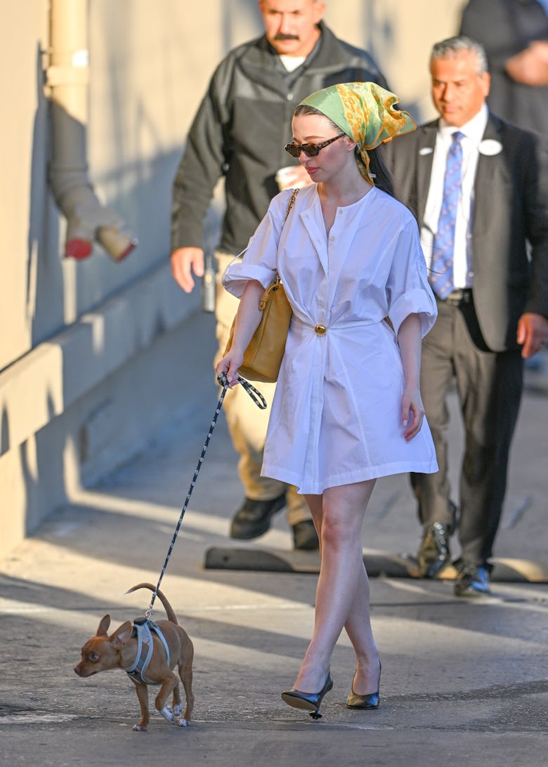 Mikey Madison is seen arriving to 'Jimmy Kimmel Live!' in a Loewe mini dress on November 14, 2024 in...