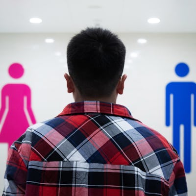 A person in a plaid shirt stands facing two restroom signs—one pink for women and one blue for men—against a light-colored wall.