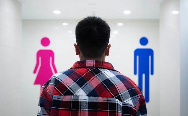 A person in a plaid shirt stands facing two restroom signs—one pink for women and one blue for men—a...
