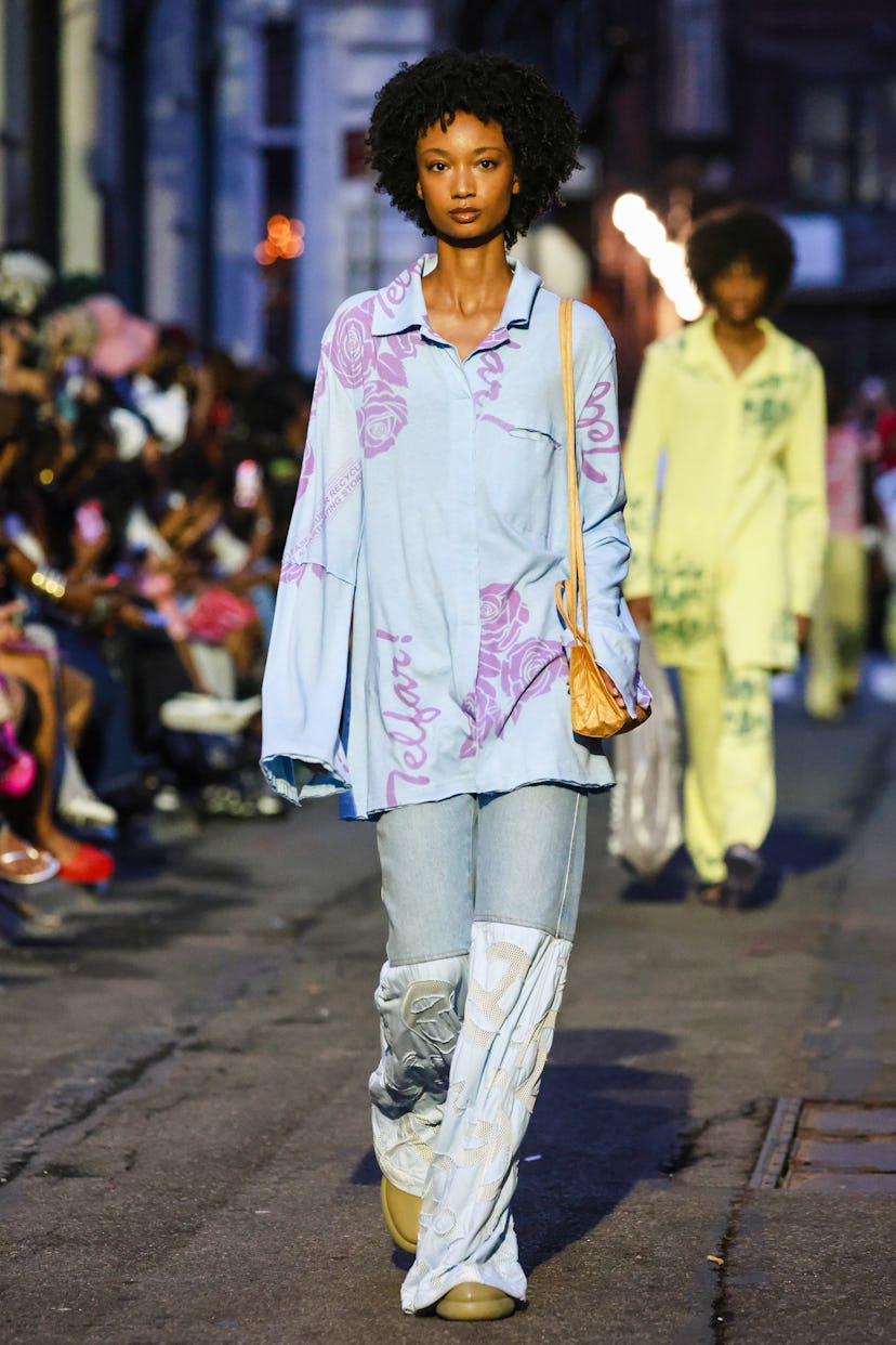 A model at the Telfar Spring 2026 show held at Cortlandt Alley on June 21, 2025 in New York, New Yor...