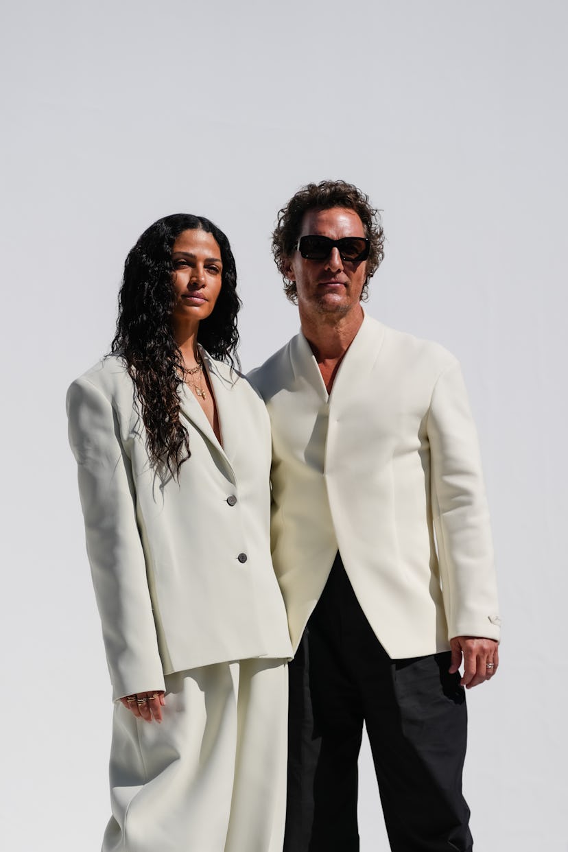 VERSAILLES, FRANCE - JUNE 29: Camila Alves McConaughey wears a cream oversized two-button blazer ove...