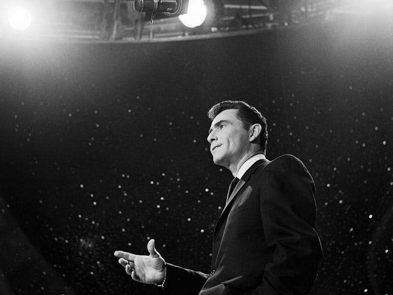 American writer and actor Rod Serling (1924 - 1975) introduces an episode of his television show 'Th...