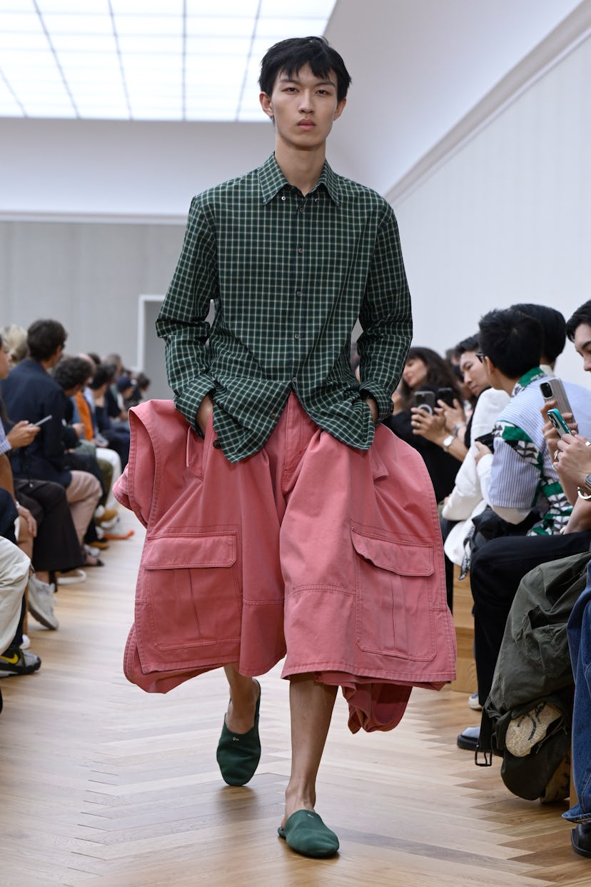 Model on the runway at the Dior Homme show as part of Paris Men's Fashion Week on June 27, 2025 in P...