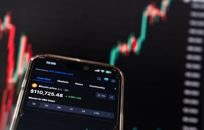 A photo illustration shows a chart of Bitcoin (BTC/USD) on May 22, 2025. The cryptocurrency Bitcoin ...