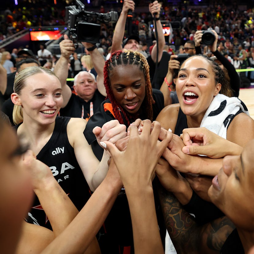 INDIANAPOLIS, INDIANA - JULY 19: Napheesa Collier #24 of the Minnesota Lynx (C) celebrates with her ...