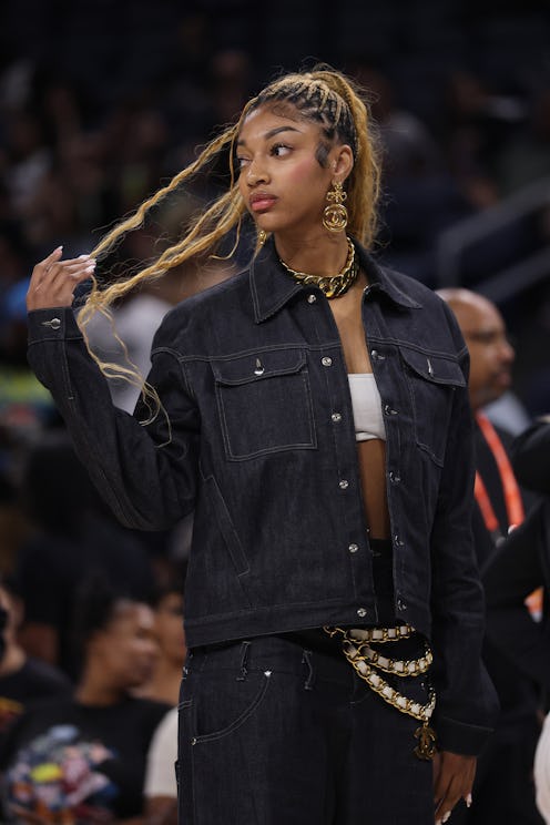 CHICAGO, ILLINOIS - JULY 16: Angel Reese #5 of the Chicago Sky looks on against the Atlanta Dream du...