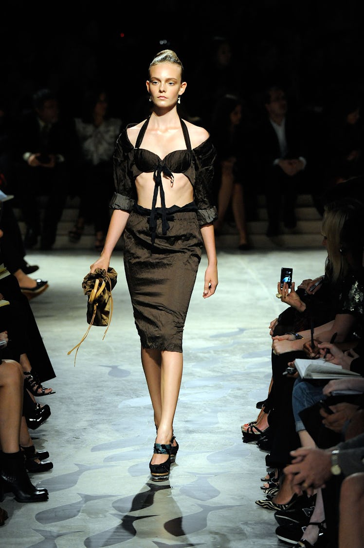 ITALY - SEPTEMBER 23:  A model wears an outfit from the Prada Spring-Summer 2009 collection during a...