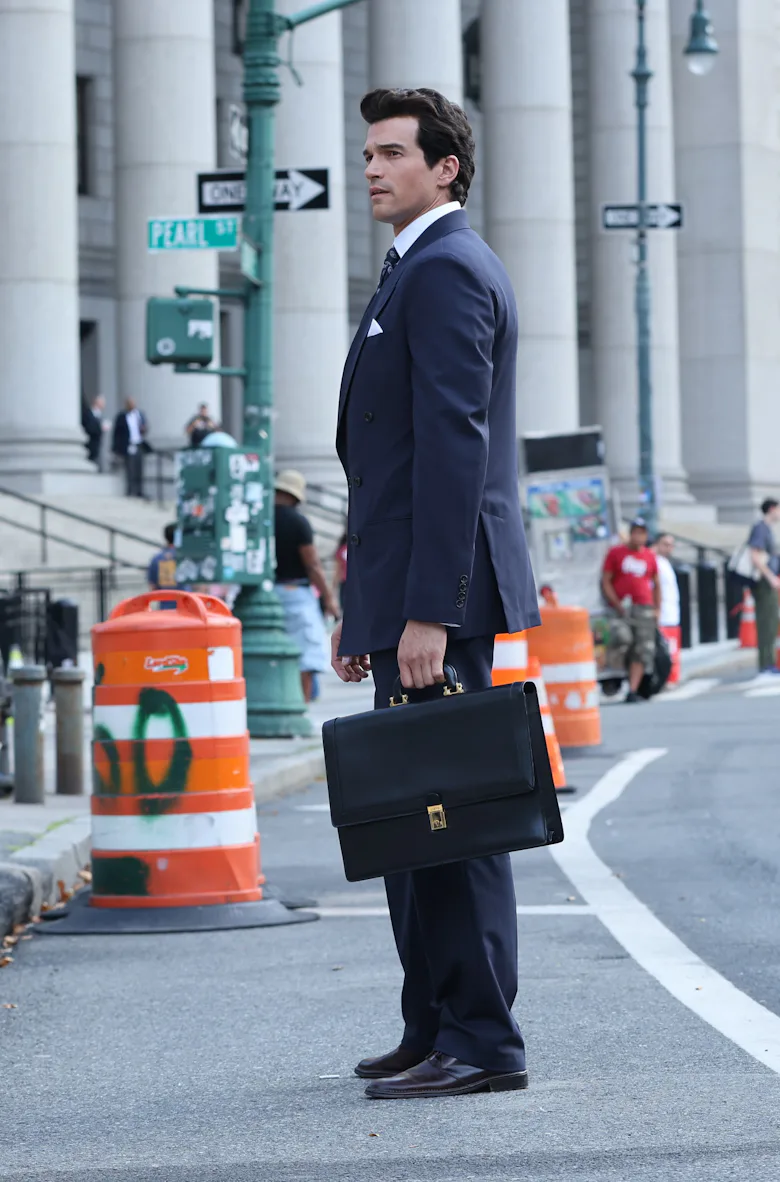 Paul Kelly as JFK Jr is seen filming at the "American Love Story" set outside the Supreme Courthouse...
