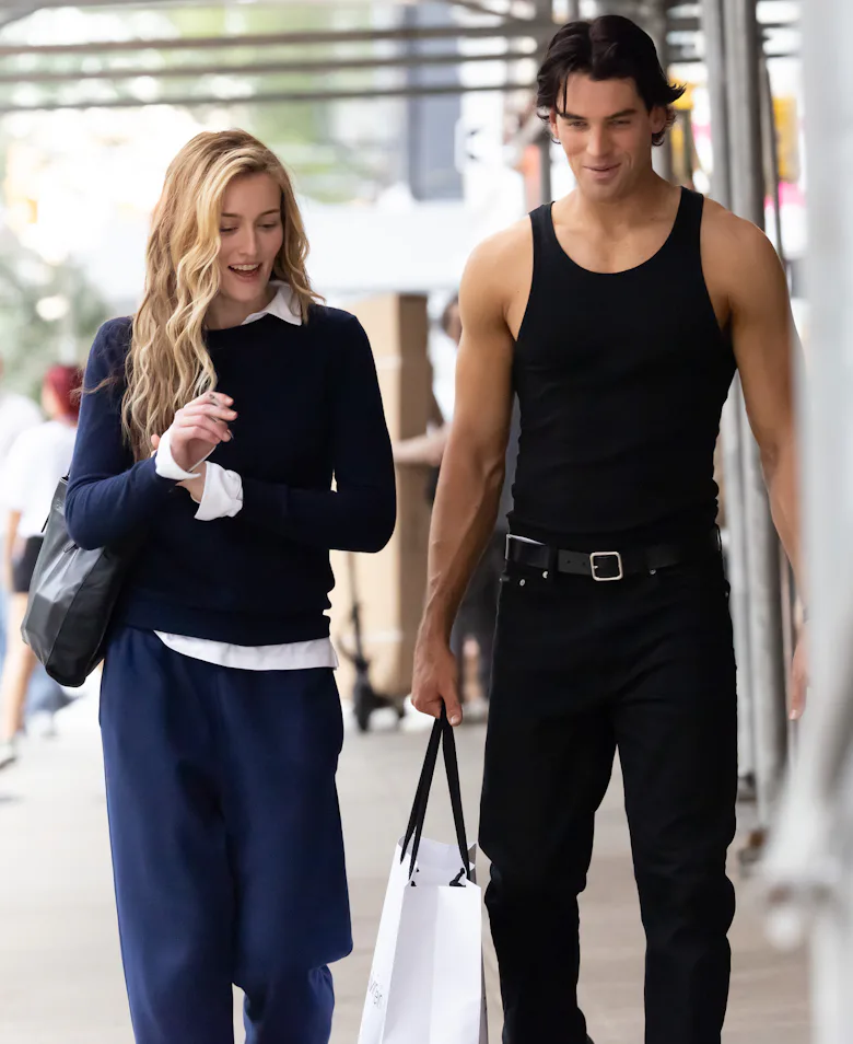 Sarah Pidgeon and Noah Fearnley are seen on the set of "American Love Story" in the East Village on ...