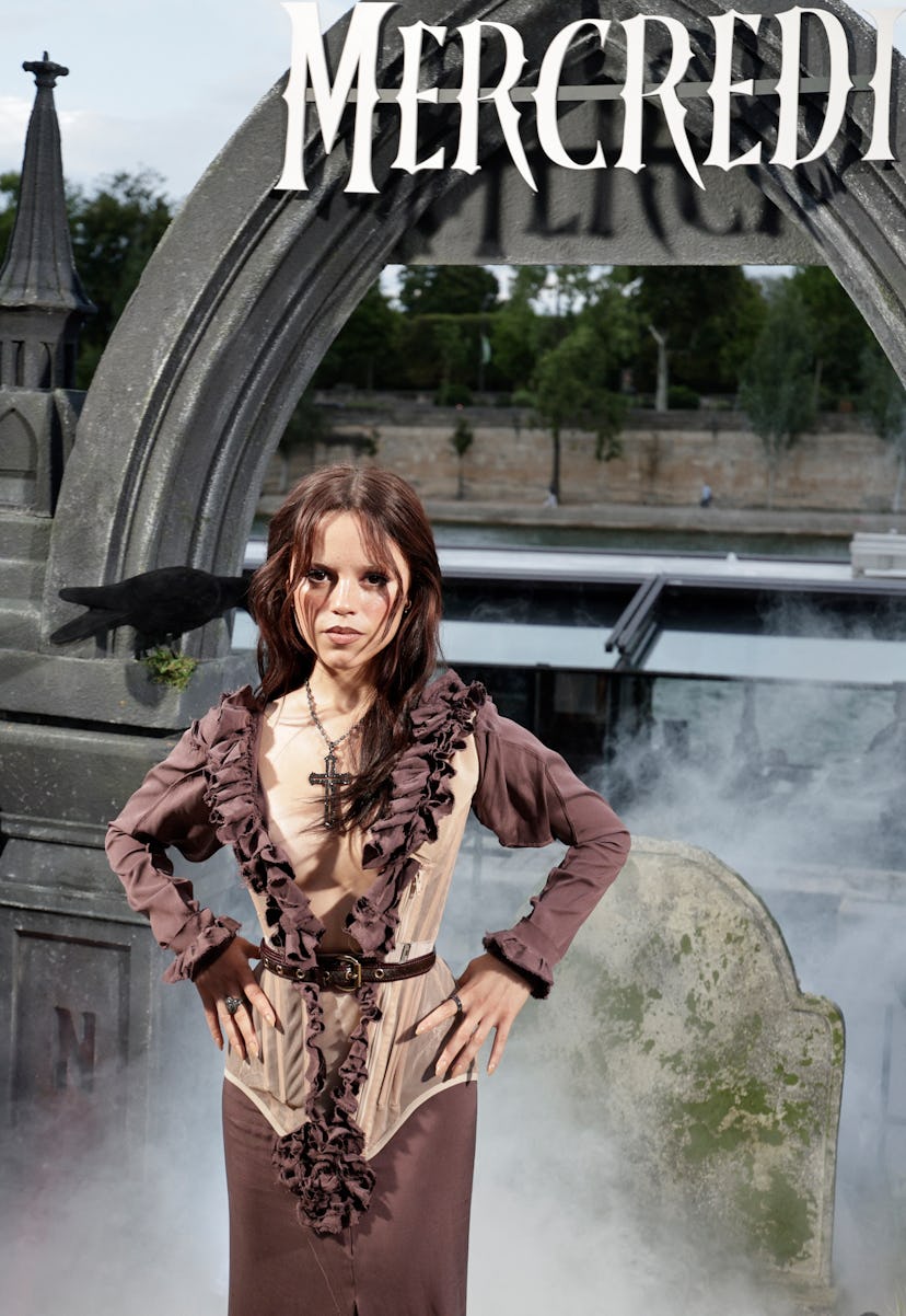 US actress Jenna Ortega poses during the premiere of the second Season of the supernatural mystery N...