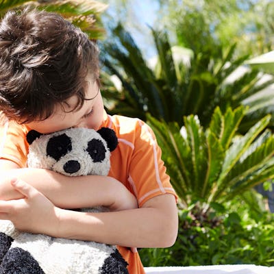 Waist up photo of a little boy standing on a lounge chair hugging his stuffed panda toy.He is wearing swimwear. There are palm trees all around him. You can't see his face because he has it buried in his toy.