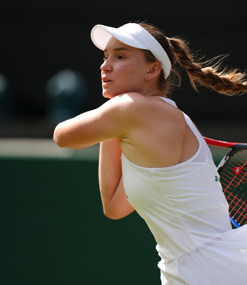 Elena Rybakina in action against Maria Sakkari on day four of the 2025 Wimbledon Championships at th...