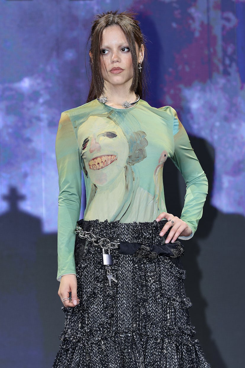 Jenna Ortega attends the "Wednesday" Season 2 press conference at Four Seasons Hotel on August 11, 2...