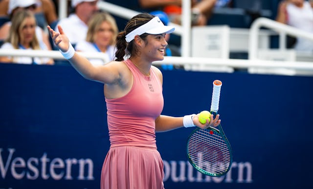 Emma Raducanu of Great Britain in action against Aryna Sabalenka in the third round on Day 5 of the ...