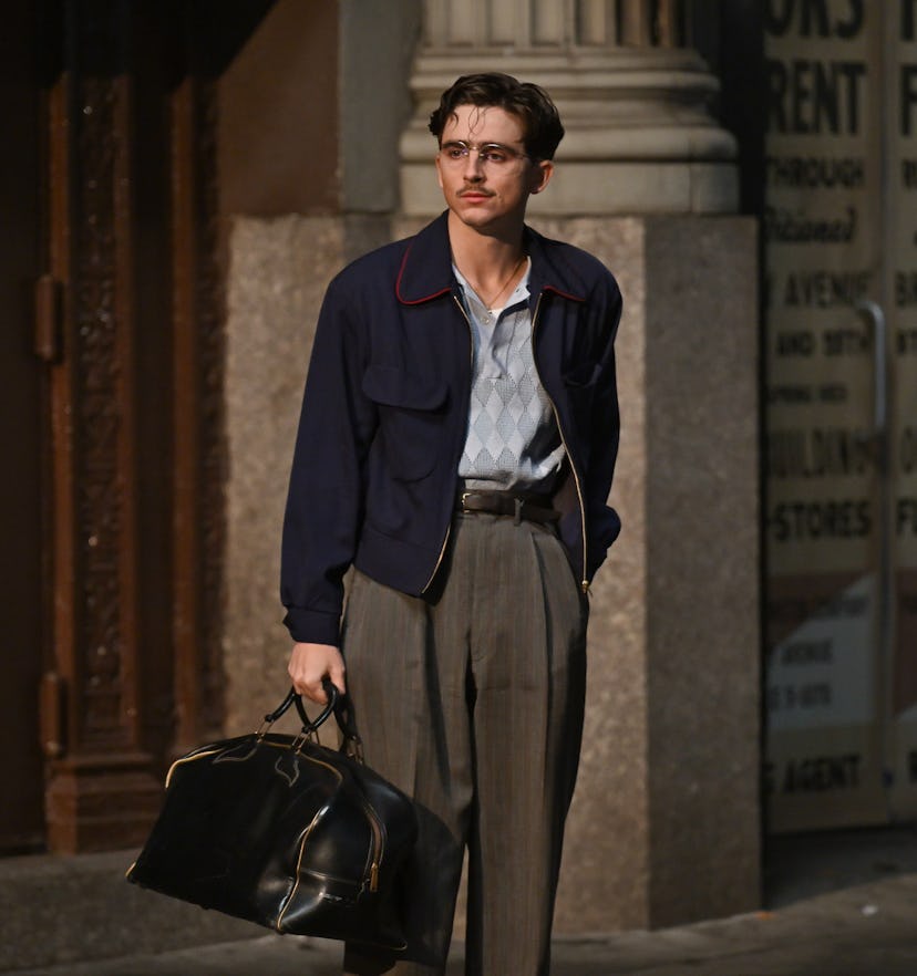 NEW YORK, NEW YORK - NOVEMBER 02: Timothée Chalamet is seen on the set of "Marty Supreme" in Midtown...