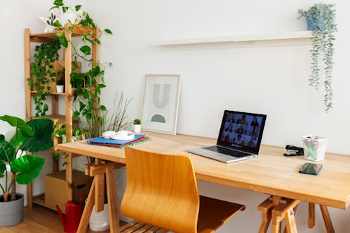 Wooden desk featuring a laptop displaying a video conference, surrounded by lush houseplants, creati...