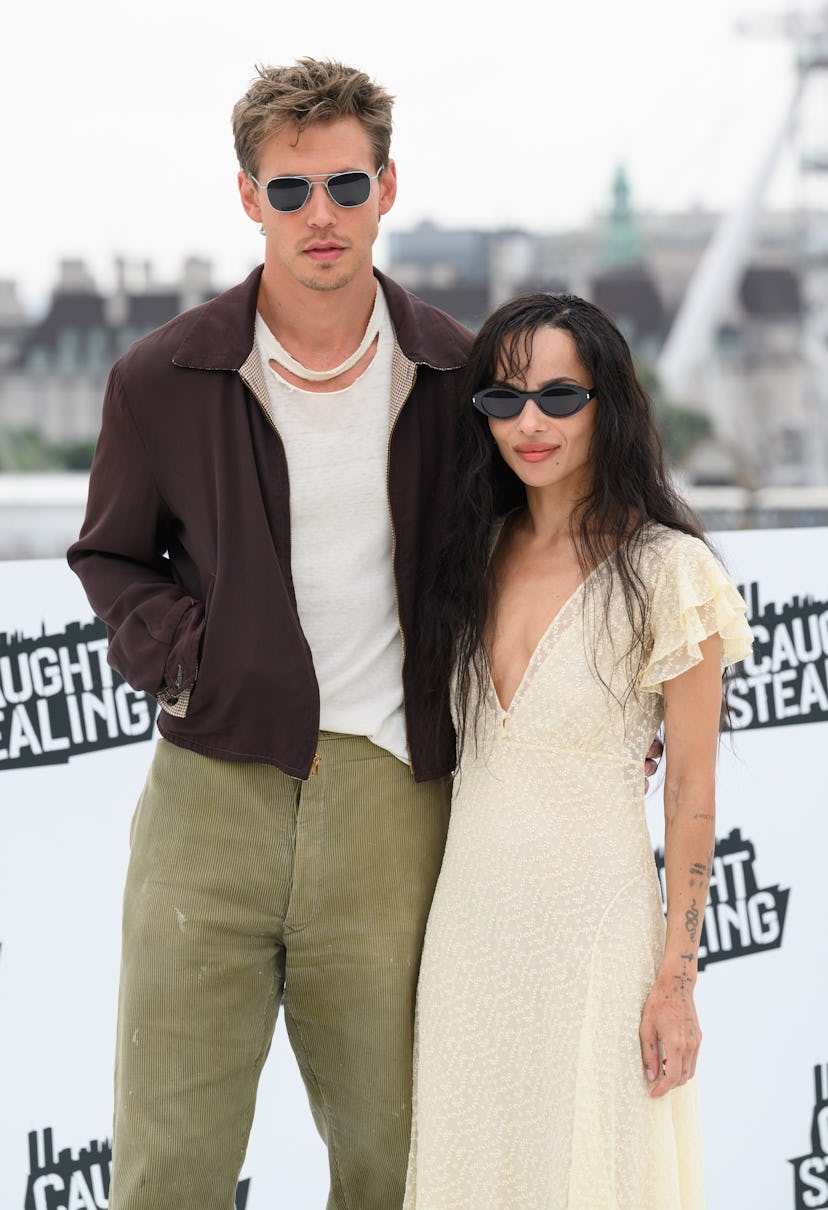 Austin Butler and Zoë Kravitz attend the "Caught Stealing" Photocall at the IET Building: Savoy Plac...
