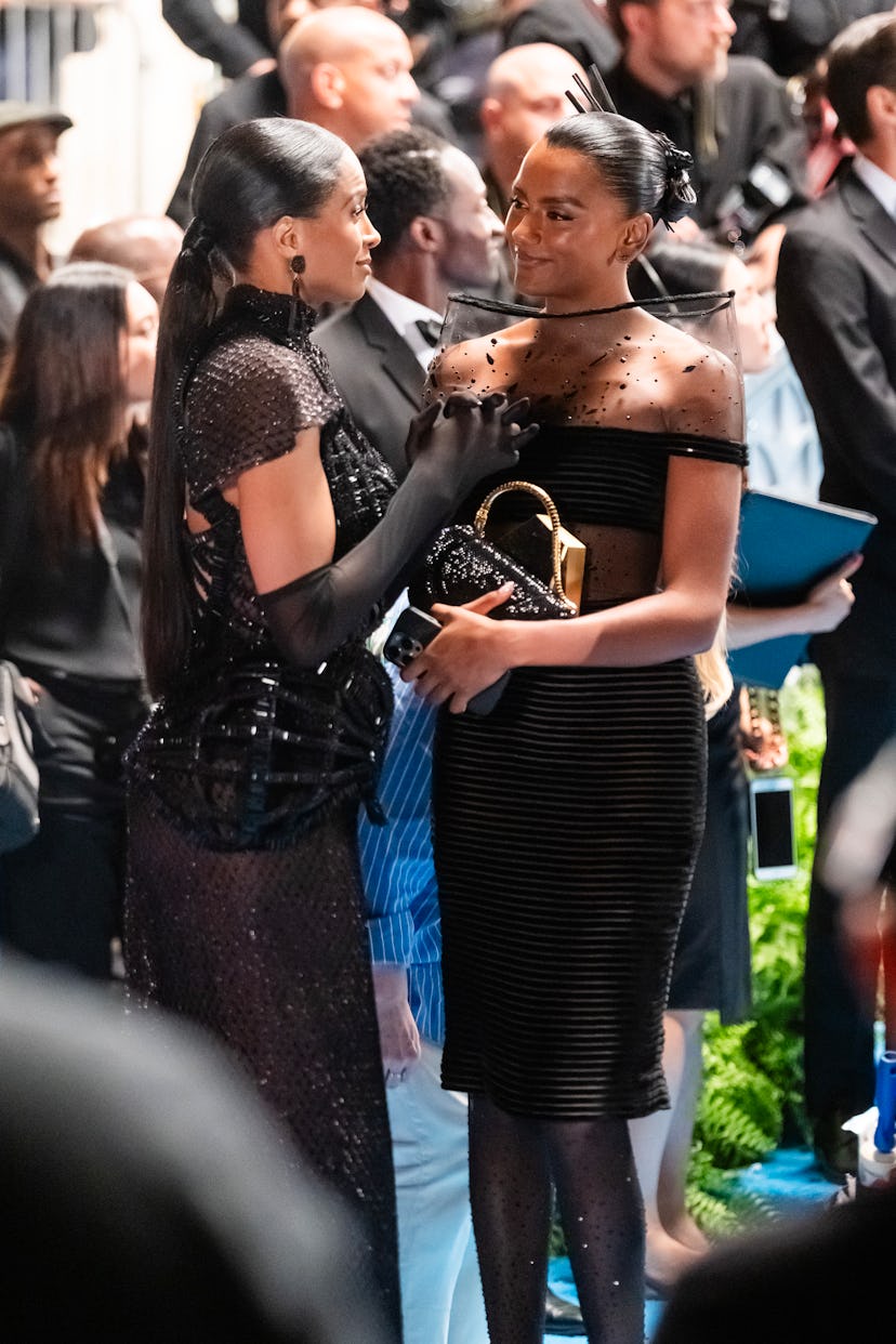 Ciara (L) and Simone Ashley are seen filming 'The Devil Wears Prada 2' at the Museum of Natural Hist...