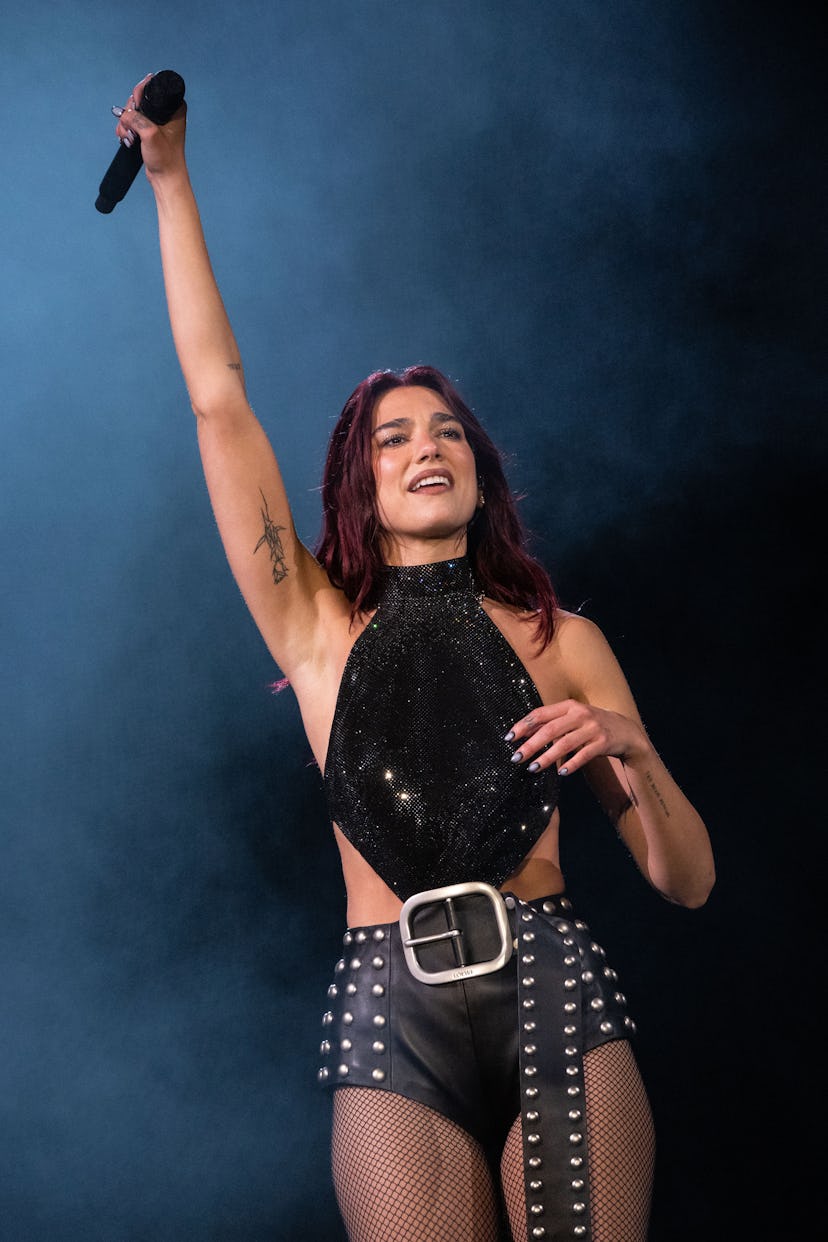 GLASTONBURY, ENGLAND - JUNE 28: Dua Lipa headlines The Pyramid Stage during day three of Glastonbury...