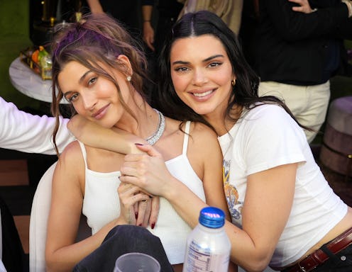 INGLEWOOD, CALIFORNIA - FEBRUARY 13: Hailey Bieber and Kendall Jenner attend Super Bowl LVI at SoFi ...