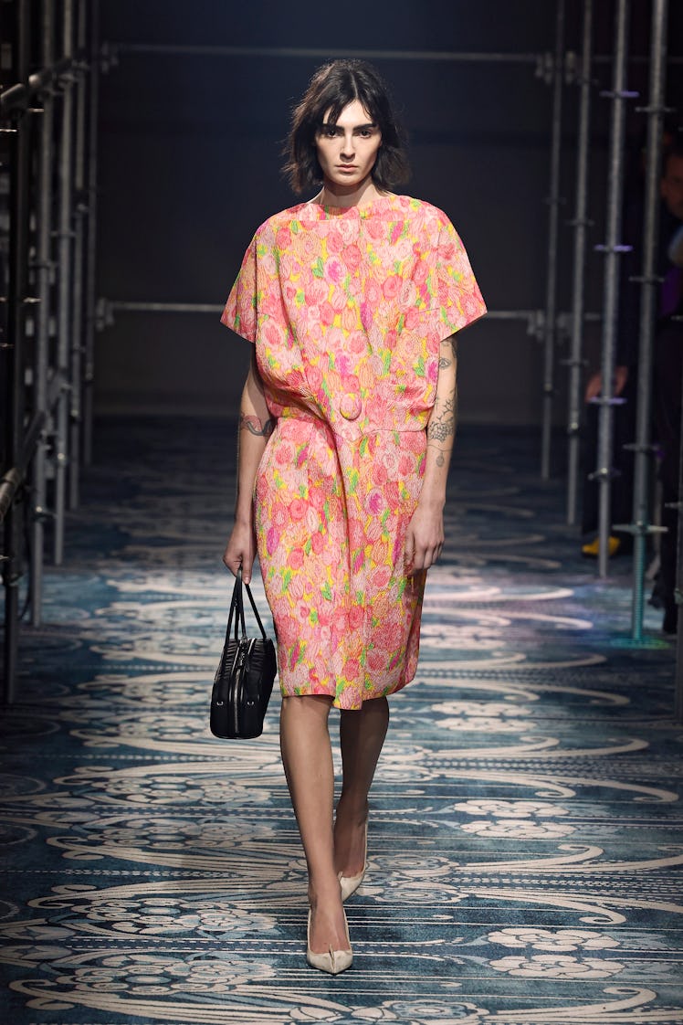 MILAN, ITALY - FEBRUARY 27: A model walks the runway at the Prada fashion show during the Milan Fash...