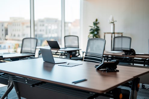 A contemporary office environment with sleek furniture, expansive windows, natural light, and organi...