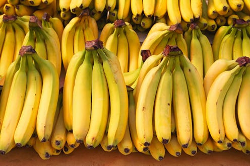 Numerous bunches of ripe yellow and slightly green-tinged bananas are tightly arranged, showcasing a...