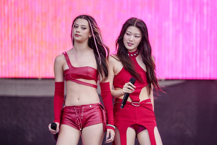 CHICAGO, ILLINOIS - AUGUST 03: Megan and Yoonchae of Katseye perform during Lollapalooza at Grant Pa...