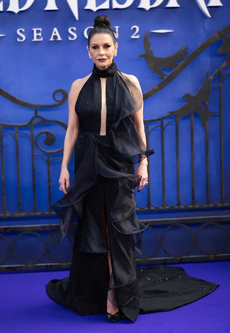 catherine zeta jones evening dresses Catherine Zeta-Jones Black Off-the-shoulder Formal Gown 2021 Golden Globe Awards