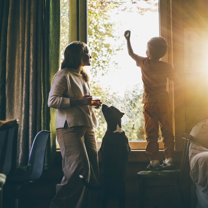 Mother and little son drawing on window at home
