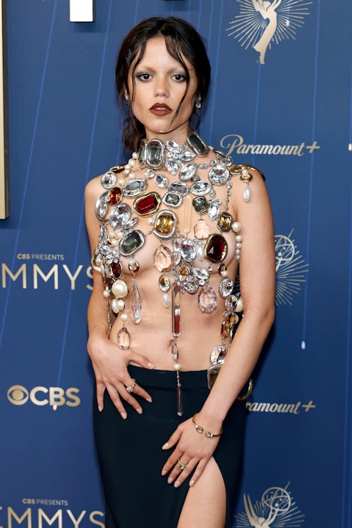 LOS ANGELES, CALIFORNIA - SEPTEMBER 14: Jenna Ortega attends the 77th Primetime Emmy Awards at Peaco...