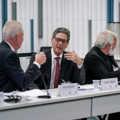 CHAMBLEE, GEORGIA - SEPTEMBER 18: Martin Kulldorff, right, speaks with Robert Malone during a meeting of the CDC's Advisory Committee on Immunization Practices on September 18, 2025 in Chamblee, Georgia. The federal vaccine advisory group, recently appointed by Health and Human Services Secretary Robert F. Kennedy Jr., is to make recommendations on who should get COVID shots and whether all babies should get vaccinated against hepatitis B at birth. (Photo by Elijah Nouvelage/Getty Images)