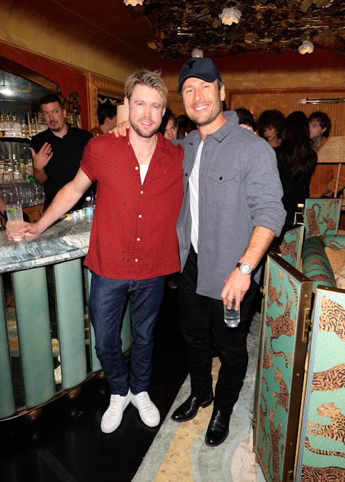WEST HOLLYWOOD, CA - FEBRUARY 02: Chord Overstreet and Glen Powell attend David Carballido's 2024 Pr...
