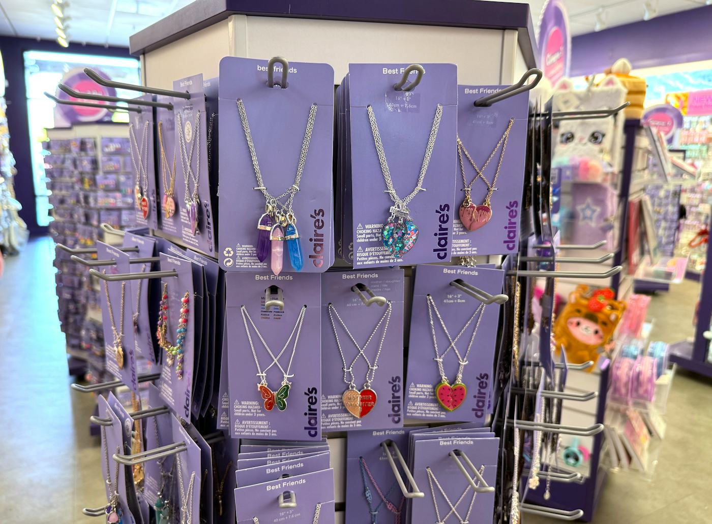 NOVATO, CALIFORNIA - JUNE 23: Jewelry is displayed at a Claire's store on June 23, 2025 in Novato, California. The teen fashion retailer is seeking potential buyers as its business model is being impacted by surging import costs resulting from tariffs and increased competition. (Photo by Justin Sullivan/Getty Images)