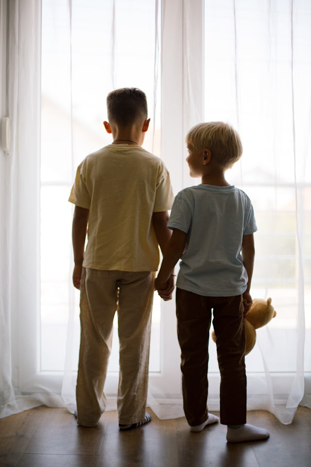 Two young brothers are holding hands and looking out the window, one of them holding a teddy bear