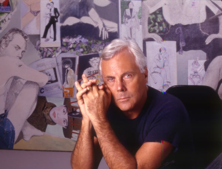 Italian fashion stylist Giorgio Armani posing for a photo shoot. Italy, 1988 (Photo by Barbara Rombi...