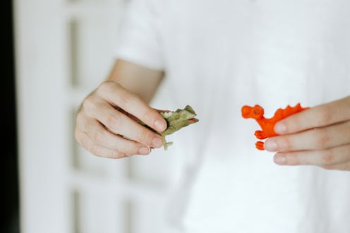 Unrecognizable boy holding a plastic lizard toy with both hands. Focus on imaginative play, curiosit...