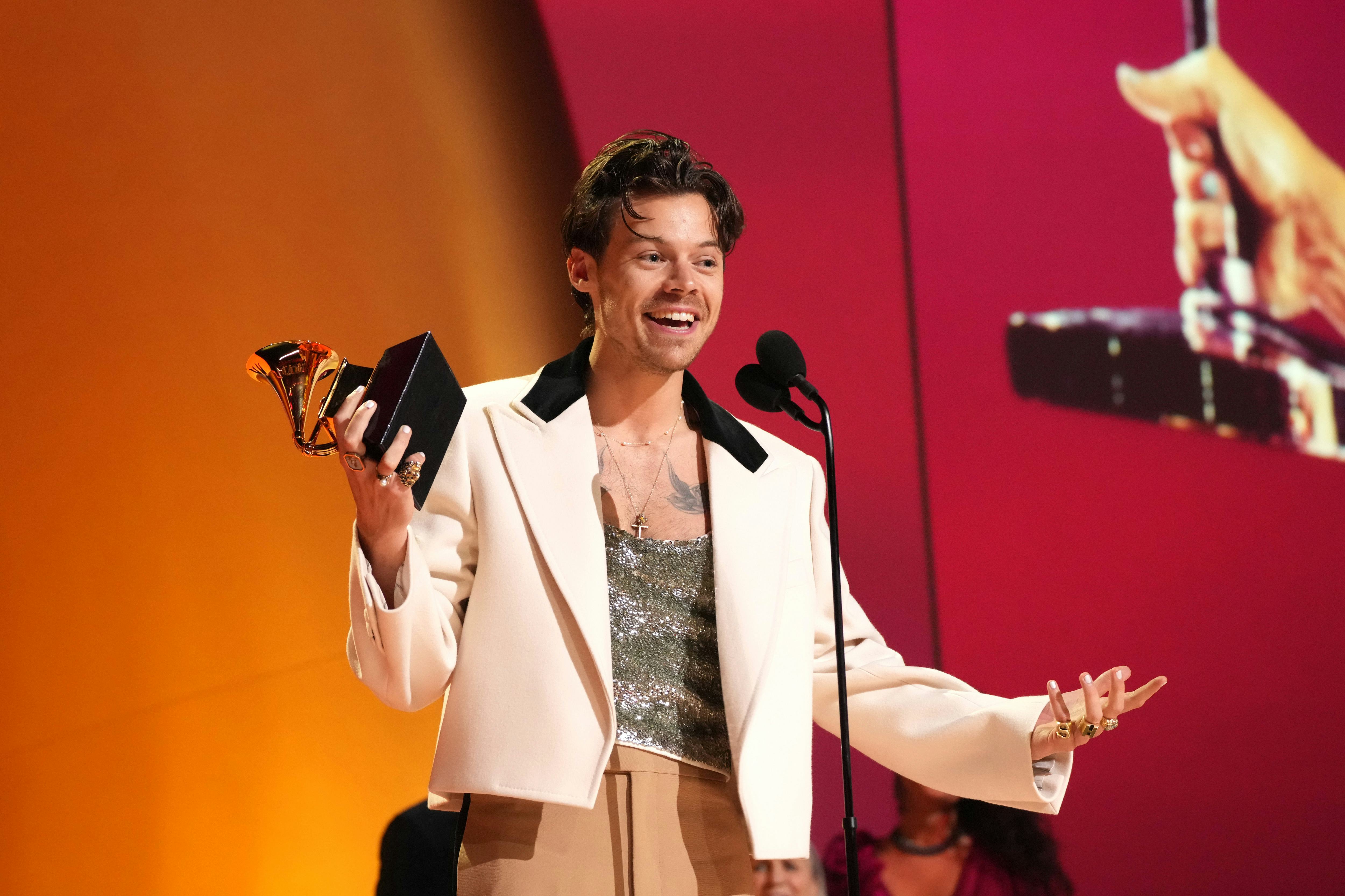 LOS ANGELES, CALIFORNIA - FEBRUARY 05: Harry Styles accepts Album Of The Year for “Harry's House” on...